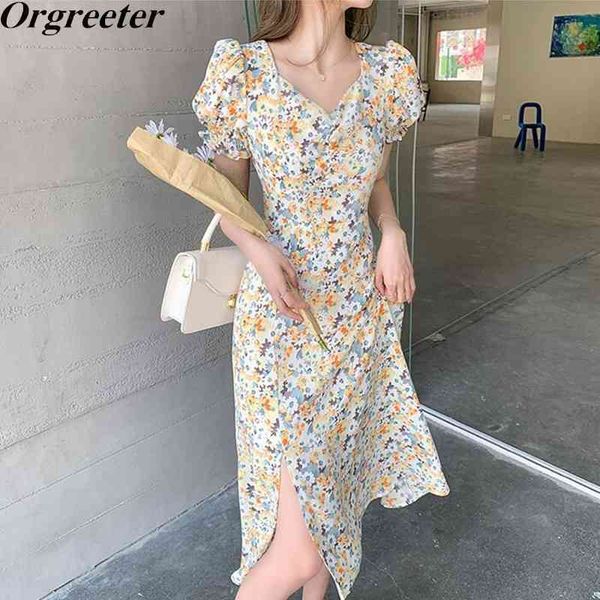 

retro french sweet daisy printted mid dress women summer v-neck puff sleeve slim split beach female 210525, Black;gray