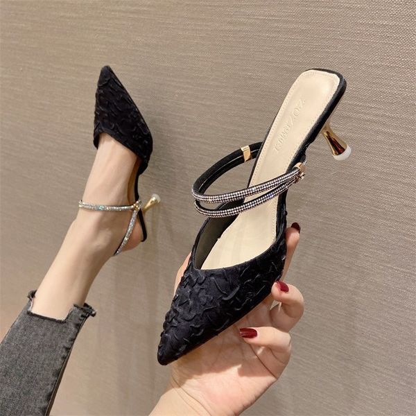 

luxury slippers baotou half slipper wear thin heels, 2021 sho, two pointed and high-heeled sandals, Black