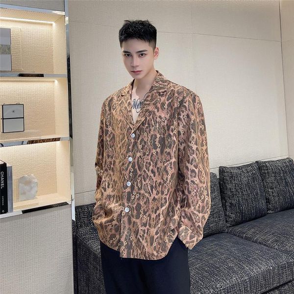 

men's casual shirts men leopard print lace loose suit collar long sleeve shirt male korean streetwear vintage fashion trend man, White;black
