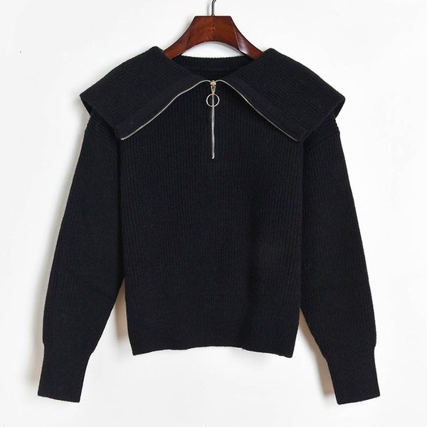 

women's sweaters autumn winter lapel long sleeve zipper designer pullovers woman casual chic design sweater knitwear 53yl, White;black