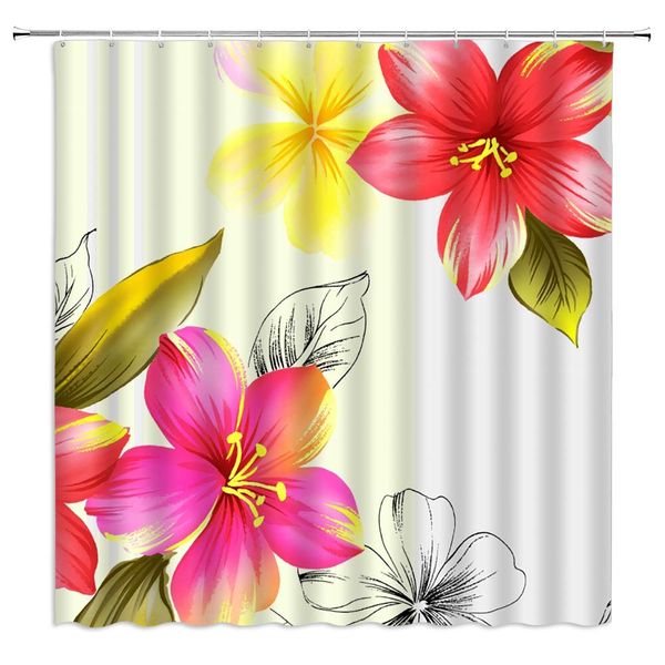 

flowers shower curtain,hand painted watercolor plants red flowers european pattern line drawing pattern decor,fabric bathroom