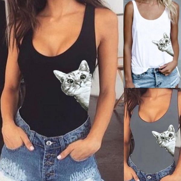 

yoga outfits fashion cat printed vest cute tank womens sleeveless t-shirt#30, White;red
