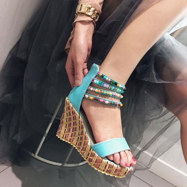 

ethnic bohemia sandals women platform wedge high heels colorful beads wedding party dress shoes 2021 summer, Black