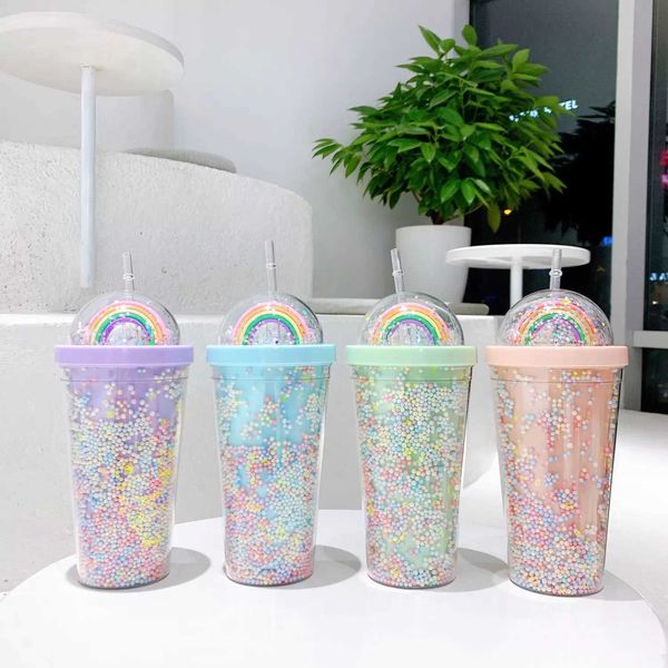 

starbucks 550ml cute rainbow cup mugs double plastic with straws pet material for giftdijp