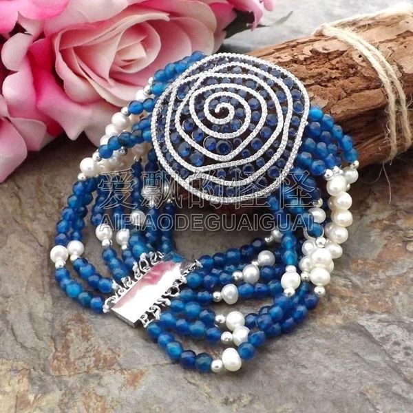 

beaded, strands women's 8" 7 faceted blue pearl cz connector bracelet, Black