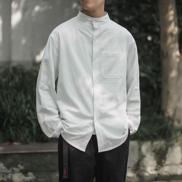 

men's casual shirts harajuku long sleeve fashion stand up collar korean style man shirt autumn solid color male oversized blouses, White;black