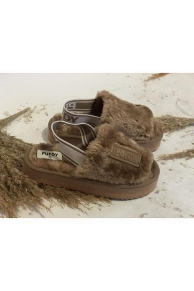

back banded fluffy coffee slippers, Black