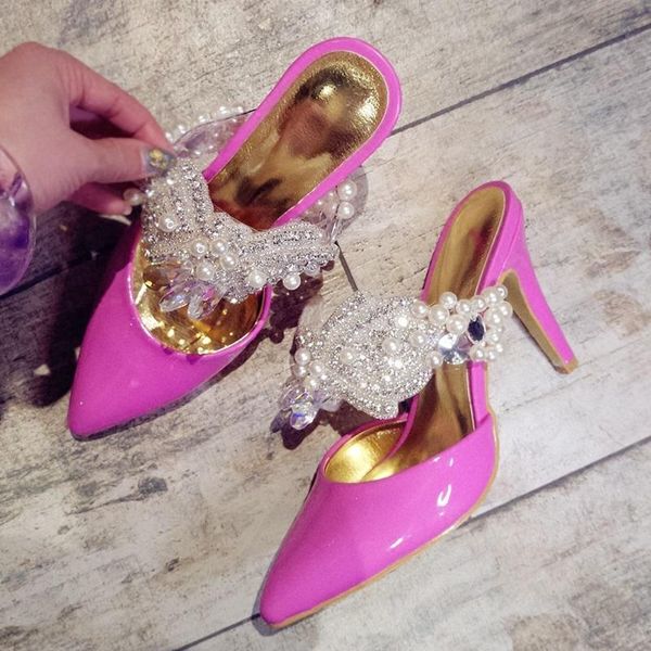 

slippers summer style handmade diamond stiletto high-heeled pink sandals and banquet dress large size all-match women's shoe, Black