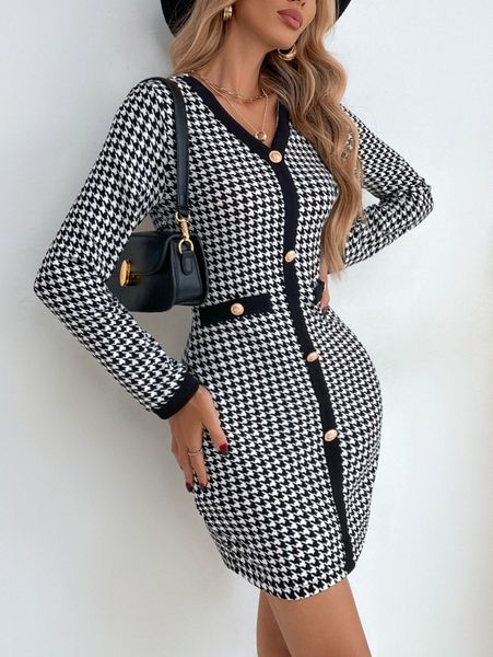 

houndstooth fake button fitted dress 37nw#, Black;gray