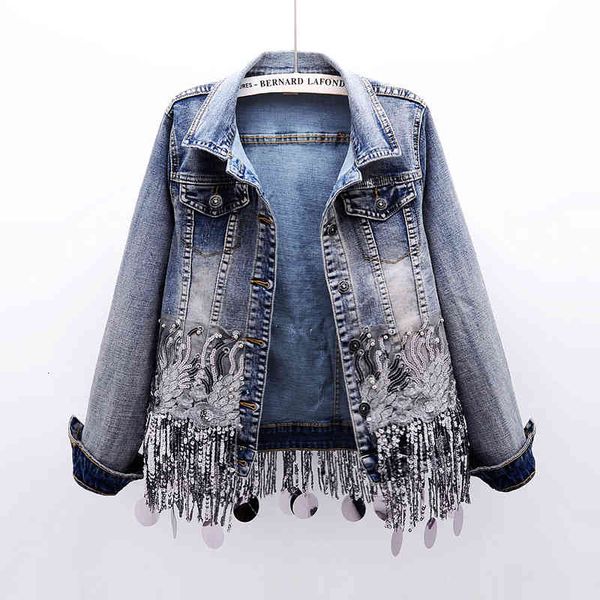 

jacket 2021 sequins beading tassels hem coat fashion slim short denim jacket women spring casual outerwear chaqueta mujer, Black;brown