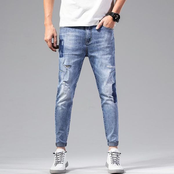 

men's jeans henchiry men casual slim washable trend zipper business pants fashion straight show thin breathable harem, Blue