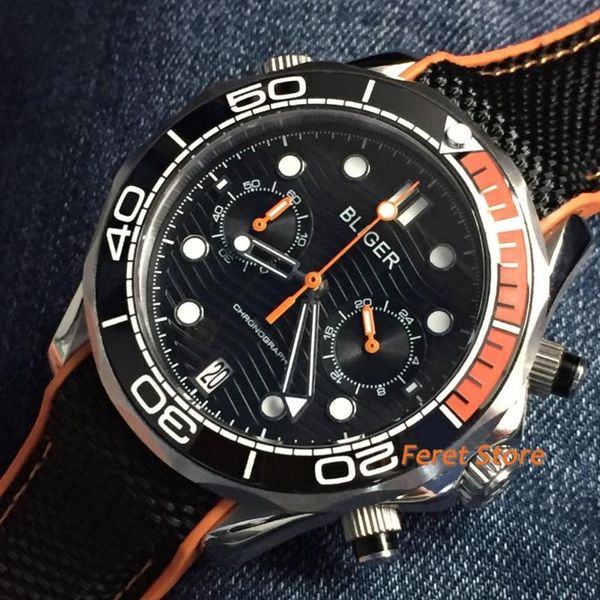 

wristwatches 41mm silver case sapphire crystal ceramic bezel black dial date rubber strap chronograph quartz mens luxury watch, Slivery;brown