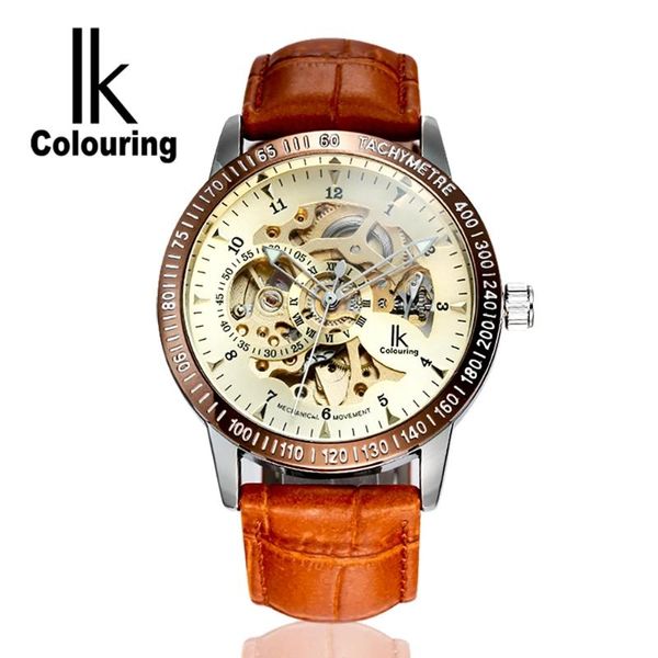 

wristwatches ik colouring stylish skeleton mens automatic mechanical wristwatch leather strap white dial golden movement watch relojes, Slivery;brown