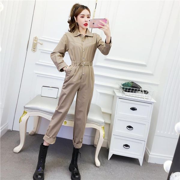 

women's pants & capris women casual lapel cargo jumpsuits vintage button breasted rompers slim female playsuit straight leg with belt c, Black;white