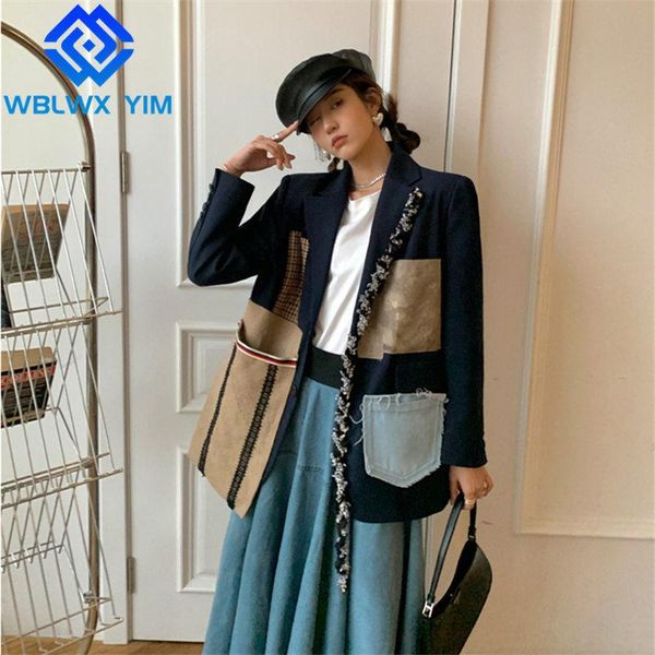 

women's suits & blazers streetwear blazer jacket women patch fashion denim spliced pocket suit woman spring autumn casual loose long co, White;black