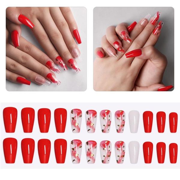 

false nails fashion artificial nail art ballet red press on fake ballerina, Red;gold