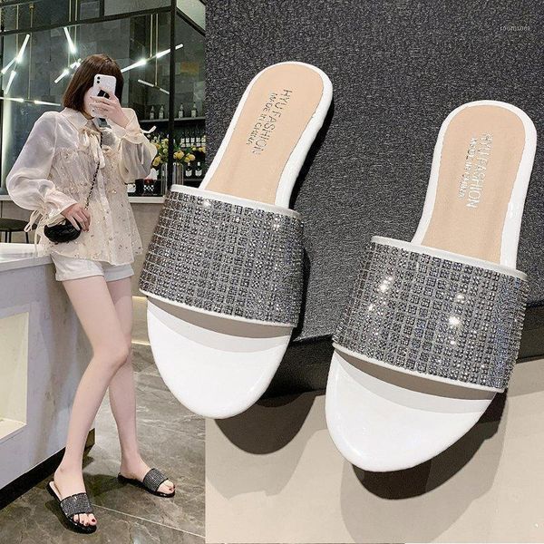 

women's flip flops summer fashion black white slippers ladies rhinestones flat bottom word drag seaside beach sandals1