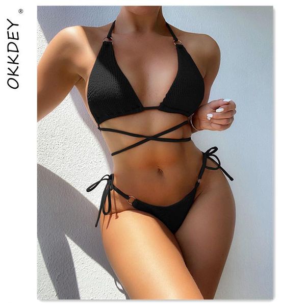 

women's swimwear 2021 micro bikini mini thong sets push up swimsuit women feamle bandage halter biquini solid ribbed bathing suits, White;black
