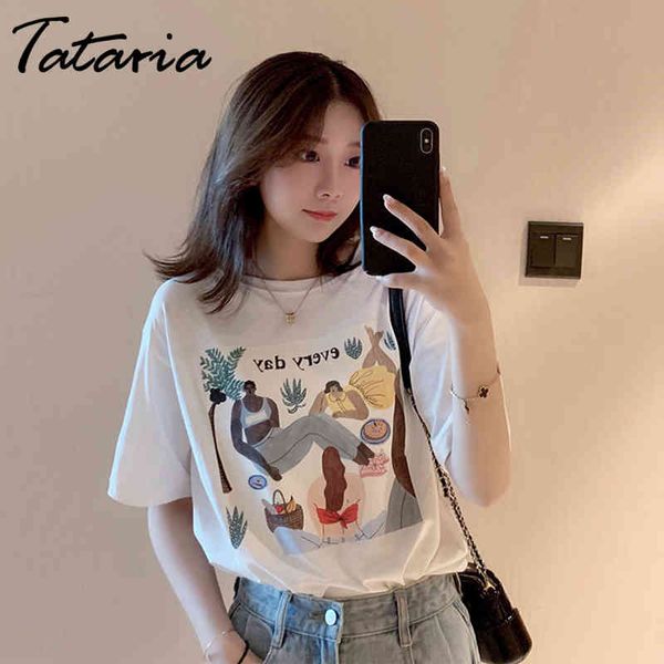 Tataria Verão Impressão T-shirt Mulheres Retro Manga Curta O Pescoço Algodão Spandex S Tops Casuais 210514