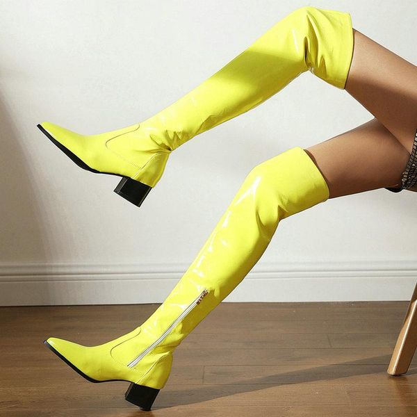 

boots poined toe over the knee side zipper med square heels for women autumn winter party basic shoes woman size 41 42 43, Black