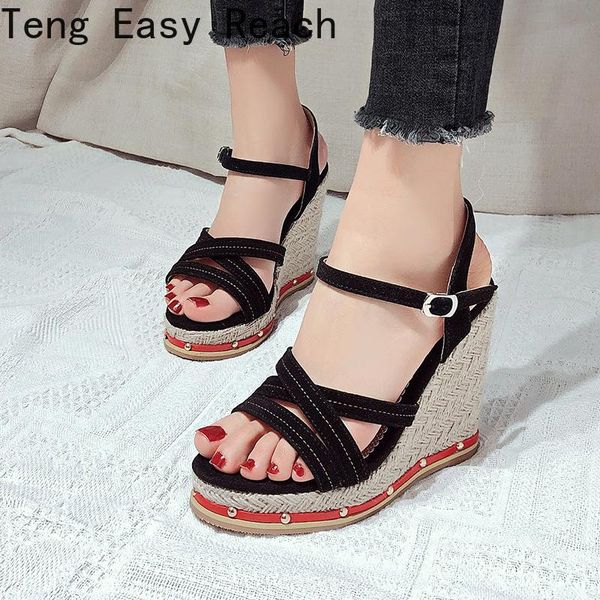

woman summer fashion wedge sandals platform ladies high heels shoes women straw buckle open toe casual female footwear dress, Black