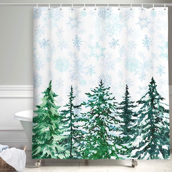 

farmhouse christmas shower curtain for bathroom, rustic snowy pine trees with nature landscape winter forest polyester fabric