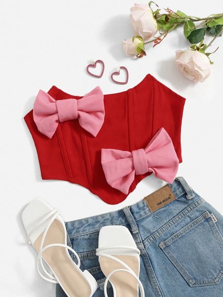 

hanky hem bow beaded crop tube s3uf#, White