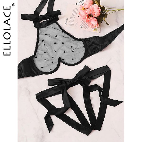 

polka dot lingerie womens underwear set erotic lingerie set halter bra and thong female lace transparent lingerie, Black;white