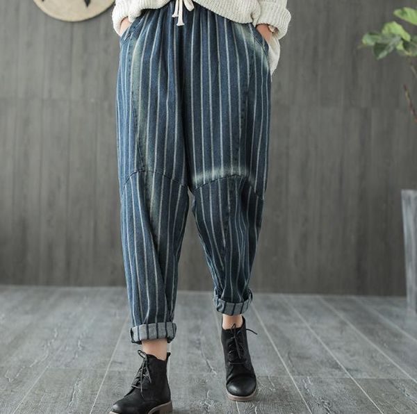 

women's pants & capris johnature casual plus size 2021 spring striped elastic waist women cotton denim loose ankle-length harem, Black;white