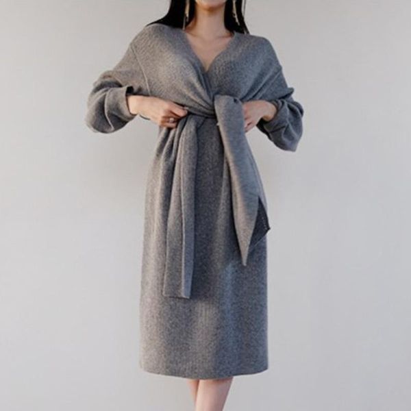 

casual dresses [ewq] korea chic women autumn fashion v-neck cross tie waist closed thin knitted mid-calf long sleeve dress female tide 16e30, Black;gray