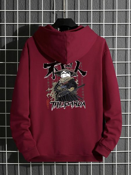 

men panda and letter graphic drawstring kangaroo pocket hoodie j12h#, Black