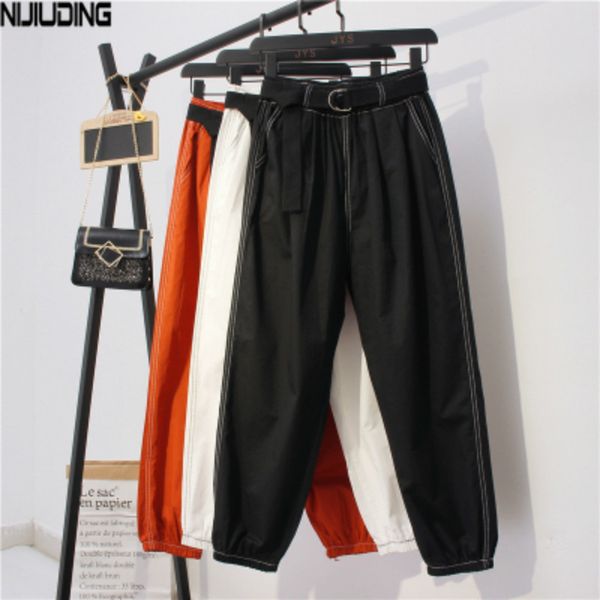 

women autumn casual high waist loose harem pocket ankle-length pants streetwear solid tie feet carrot lady 210514, Black;white