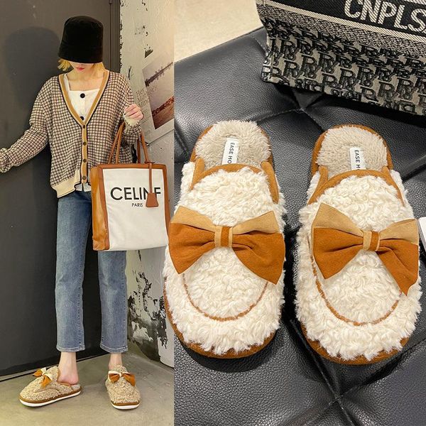 

slippers korean fashion bow candy color baitou warm cotton home indoor and outdoor women ins tide, Black