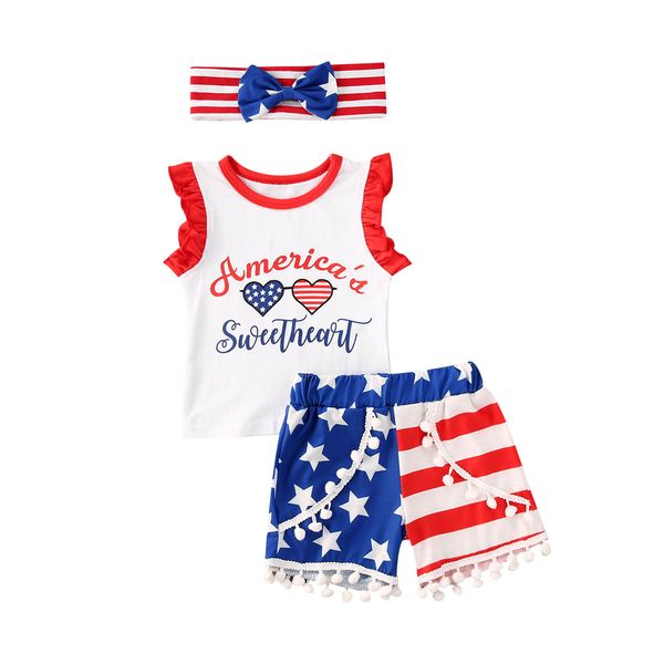 

independence day infant baby girls boys clothes sets 3pcs letter print sleeveless vest +shorts+headband, White