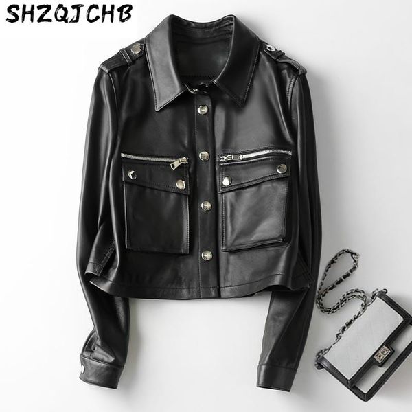 

women's leather & faux jchb 2021 fashion 100% real jacket women short sheepskin coat female motorcycle clothes spring autumn mujer chaq, Black