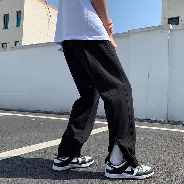

men's pants pure color straight leg drawstring men korean fashion loose casual all-match wide trousers, Black