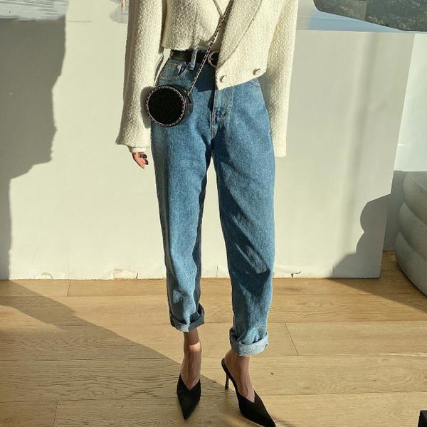 

casual irregular pockets high waist jeans pants 2021 fashion loose denim female pencil cotton trousers for women women's, Blue