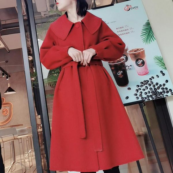 

women's wool & blends 2021 double-sided cashmere coat middle long woolen navy collar korean version slim and lovely style, Black
