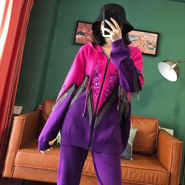

pant hooded patchwork knitted set women tracksuit 2pc handwork sequins tassel sweater pants outfits female loose knit suit streetwear, White