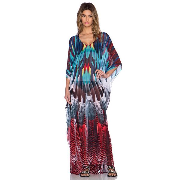 

casual dresses 2021 multicolored bohemian printed v-neck batwing sleeve summer beach dress plus size women beachwear maxi kafan robe q982, Black;gray