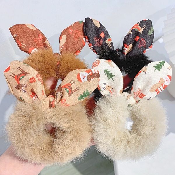 Weihnachten flauschige Kunstpelz pelzige Scrunchies Kaninchen Ohr Haarring Weihnachten elastische Haarbänder Frauen Mädchen Mode Haarschmuck