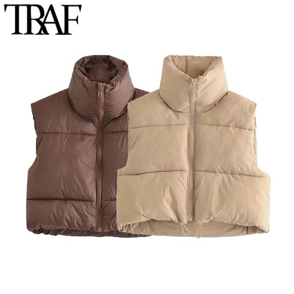 

traf women fashion zip-up cropped padded vest coat vintage high neck adjustable hem female waistcoat chic 211123, Black;white