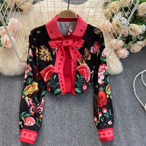 

exotic butterfly print shirt women's lapel long sleeve fashion bohemian loose and thin blouses & shirts, White