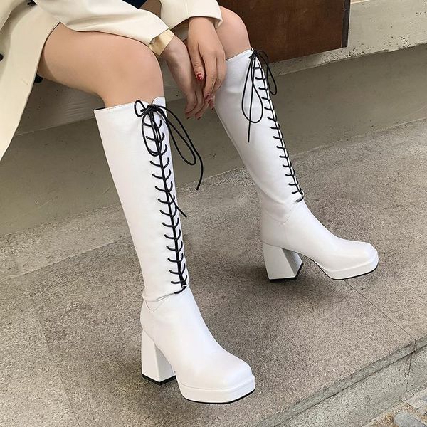 

boots women knee high elegant square toe patent leather waterproof long white red party fetish boot women's shoes, Black