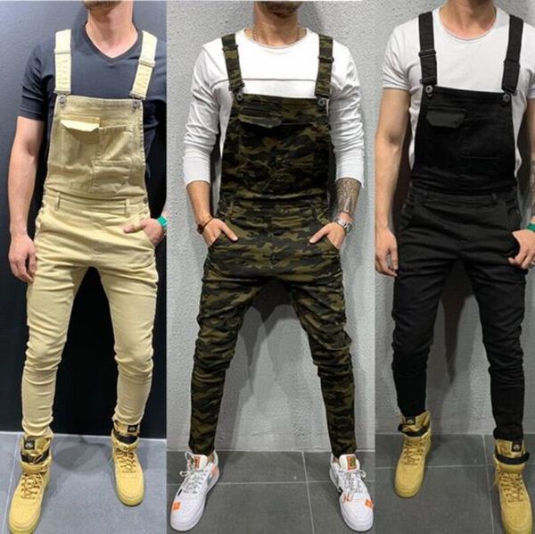 

men's jeans big pocket camouflage printed denim bib overalls jumpsuits military army green working clothing coveralls fashion casual, Blue