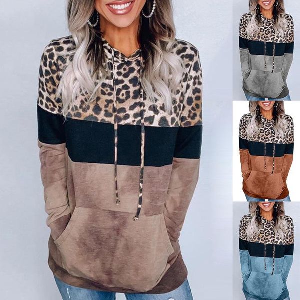 

women's t-shirt european and american leopard print loose long sleeve hooded sweater in autumn winter of 2021, White