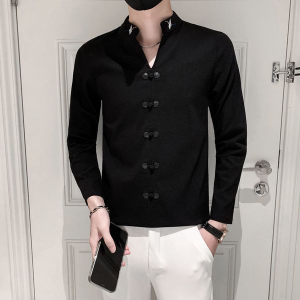 

men's polos chinese men's v-neck t-shirt, fashion black and white long sleeve shirt, club clothes, retro t-shirt, White;black