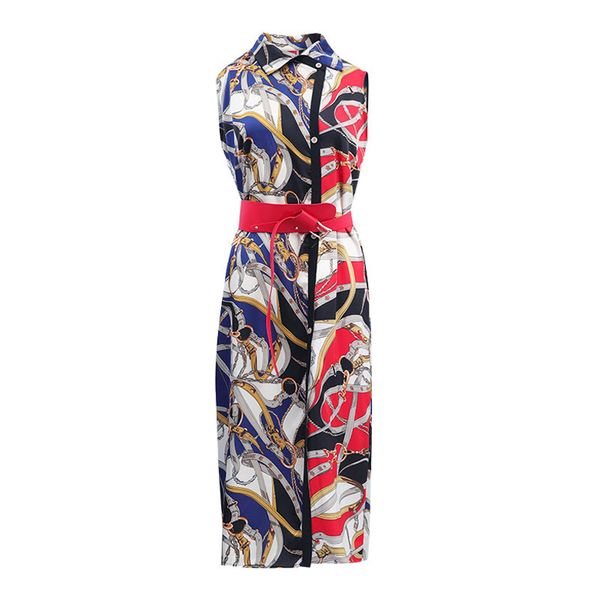 

print dress blue red sash sleeveless turn down collar elegant midi d1120 210514, Black;gray