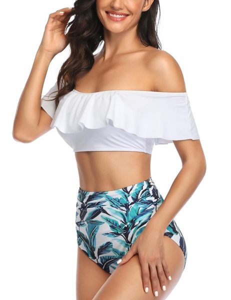 

one-piece suits two pieces women swimsuits ruffles floral swimwear high waisted bathing strapless off shoulder bikini set