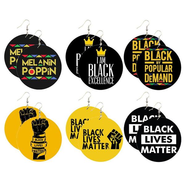 

hoop & huggie wooden black lives matter earrings fashion personality pattern series double-sided printing female jewelry accessories, Golden;silver